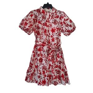 Indigo Rose Shirt Dress Sz L Fit Flare Puff Sleeve Floral Collared Belted Waist